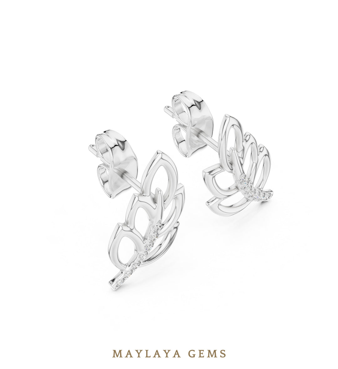 Maylaya Gems round leaf branch earrings in white gold