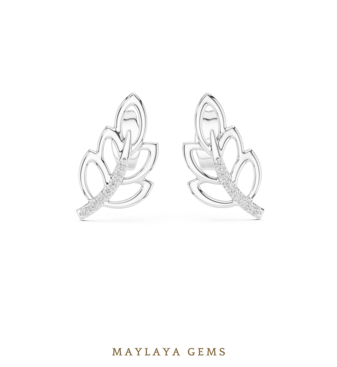 Maylaya Gems round leaf branch earrings in white gold