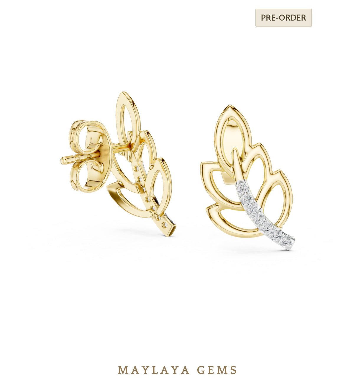 Maylaya gems round leaf branch earrings in yellow gold