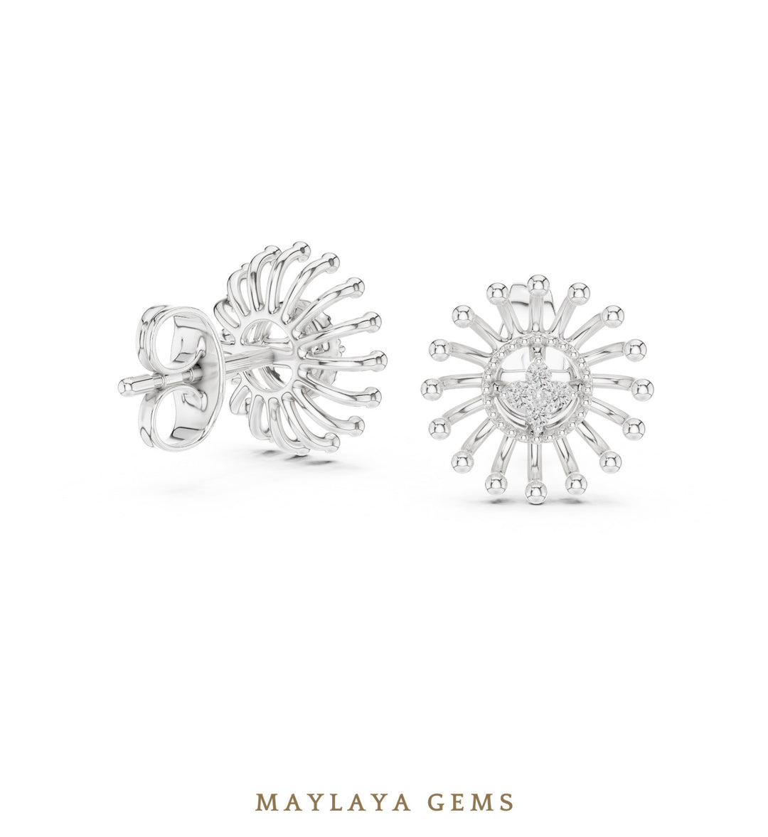 Maylaya Gems round sunray earrings in white gold