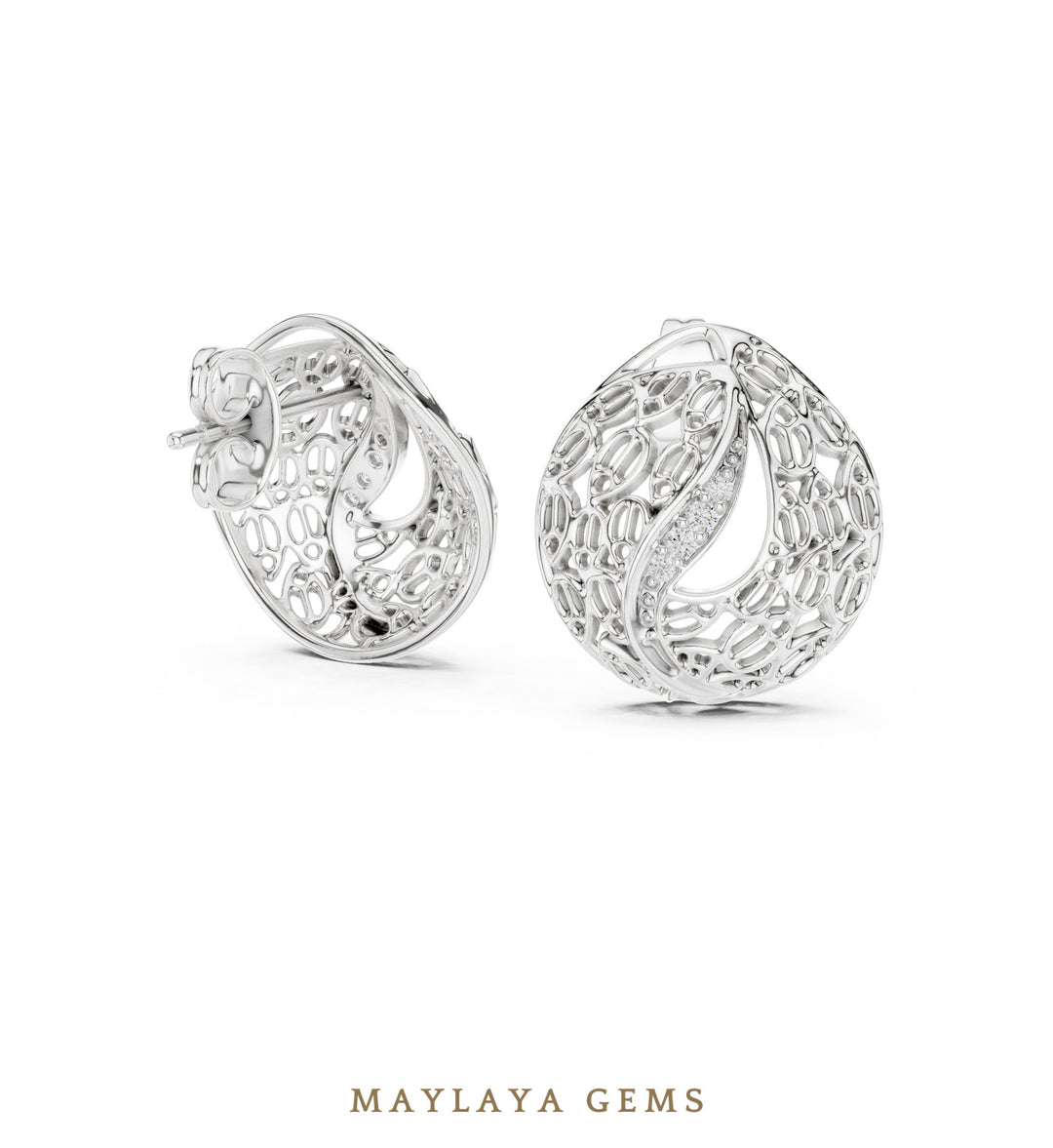 Maylaya Gems round filigree paisley earrings in white gold