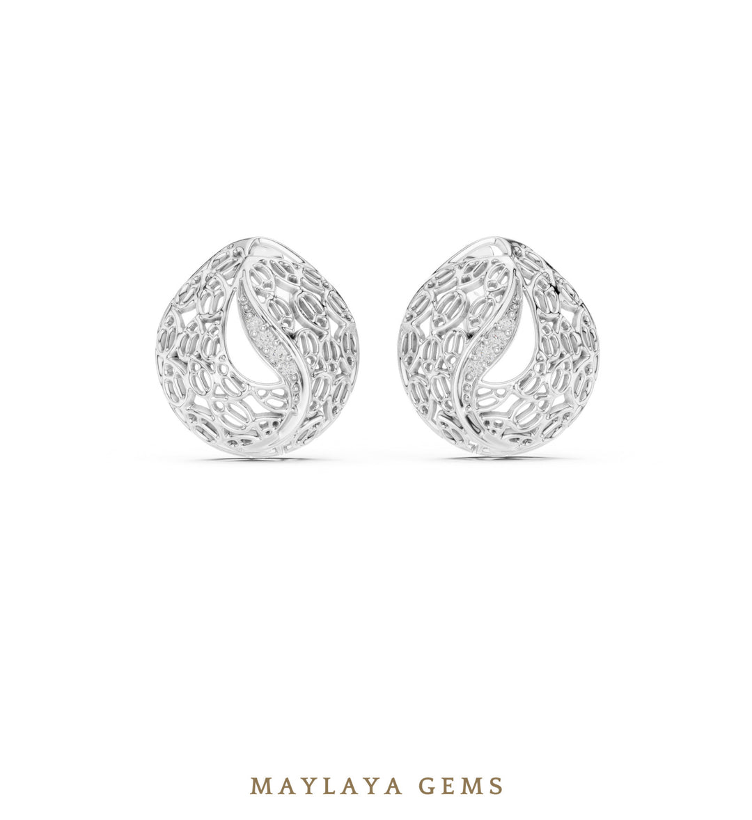 Maylaya Gems round filigree paisley earrings in white gold