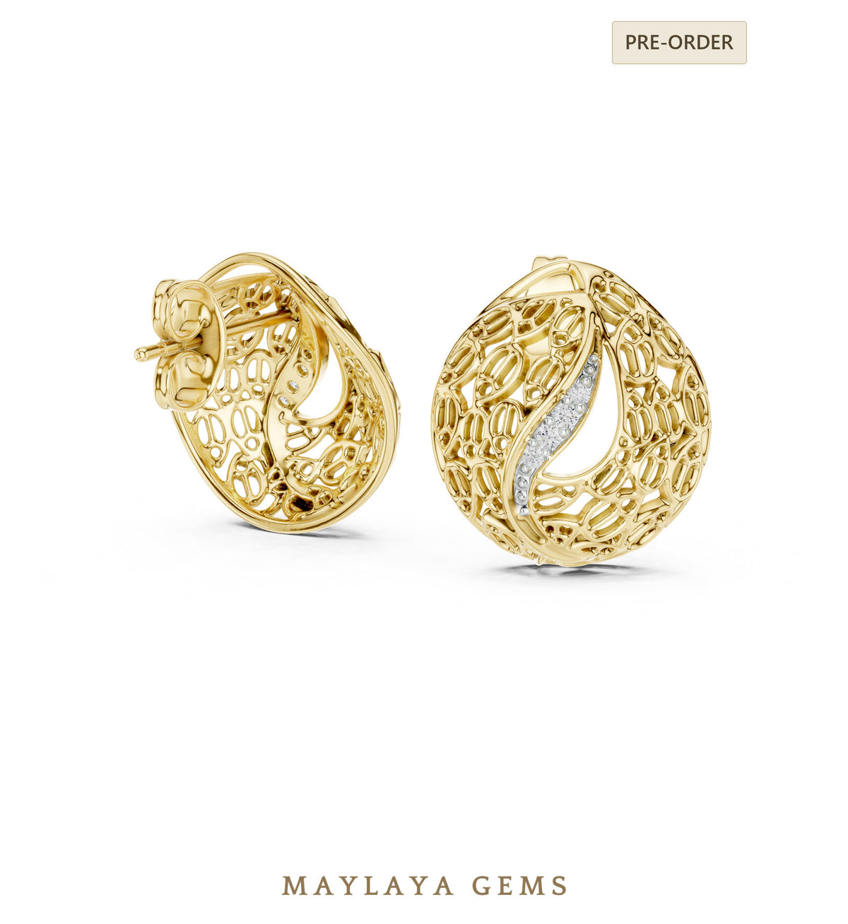 Maylaya gems round filigree paisley earrings in yellow gold