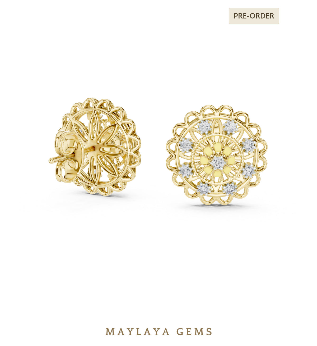 Maylaya gems round scalloped flower earrings in yellow gold