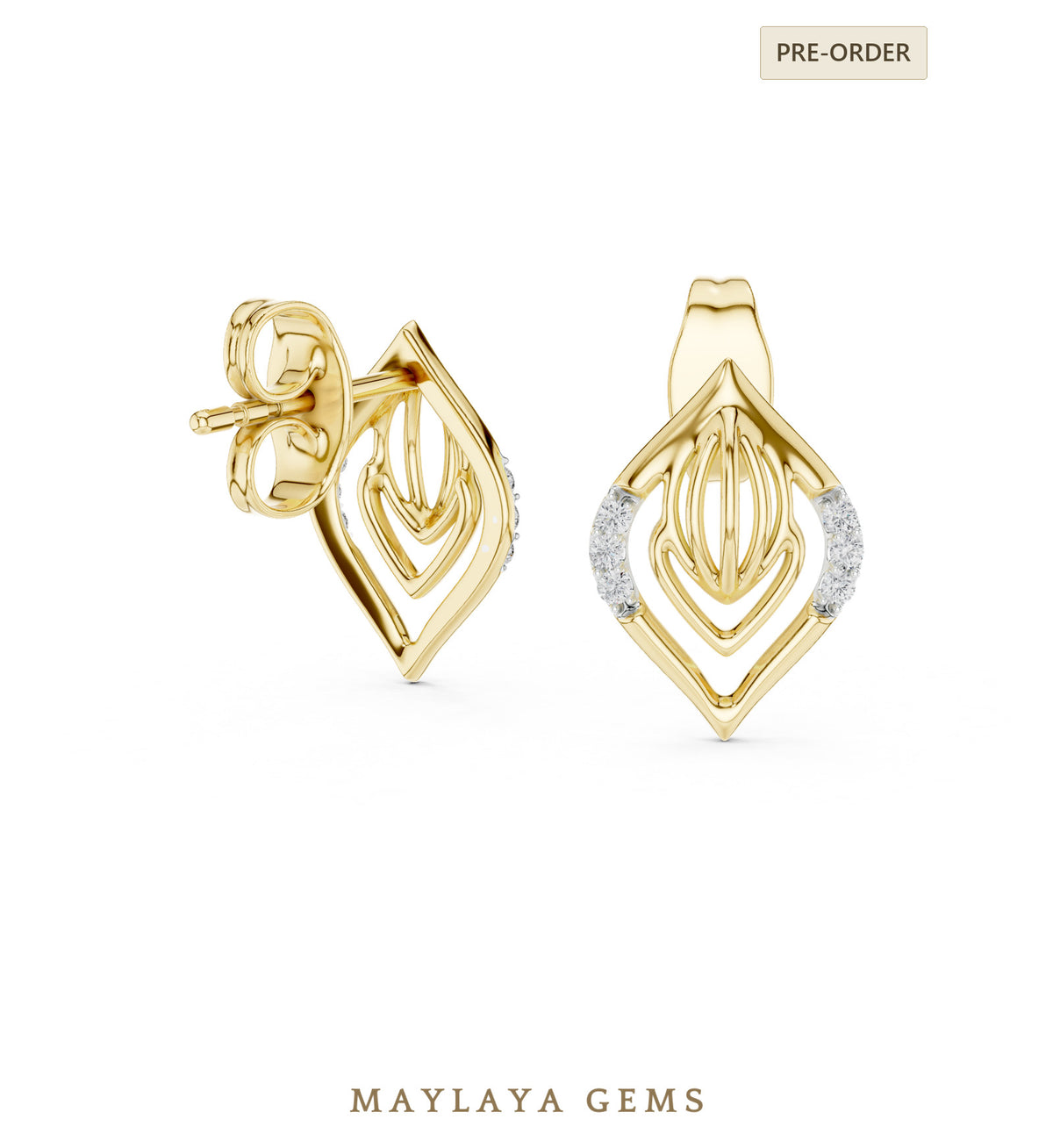 Maylaya gems round layered leaf earrings in yellow gold
