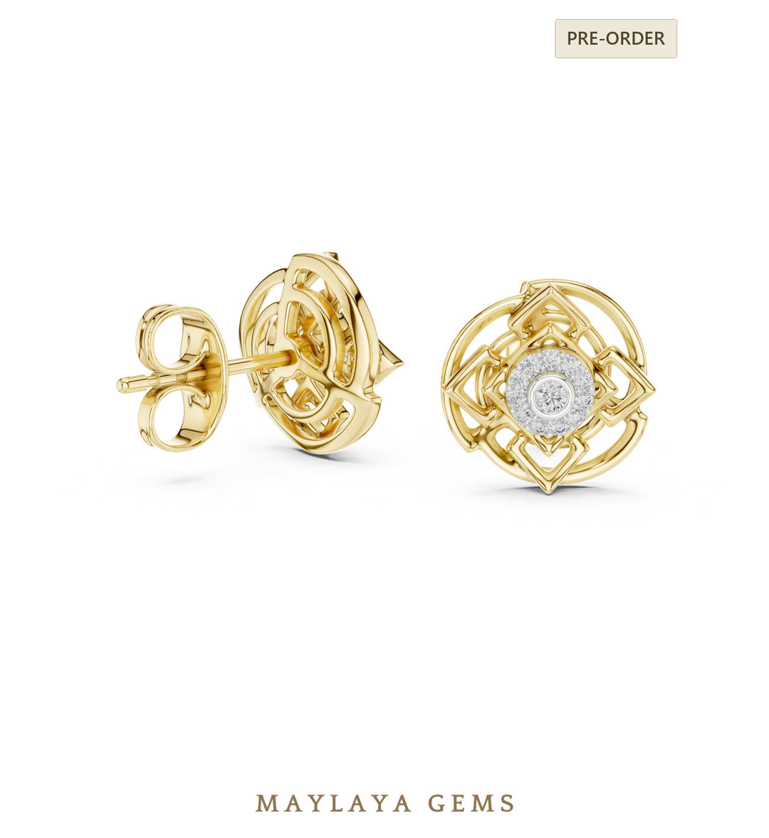 Maylaya Gems round woven halo earrings in yellow gold