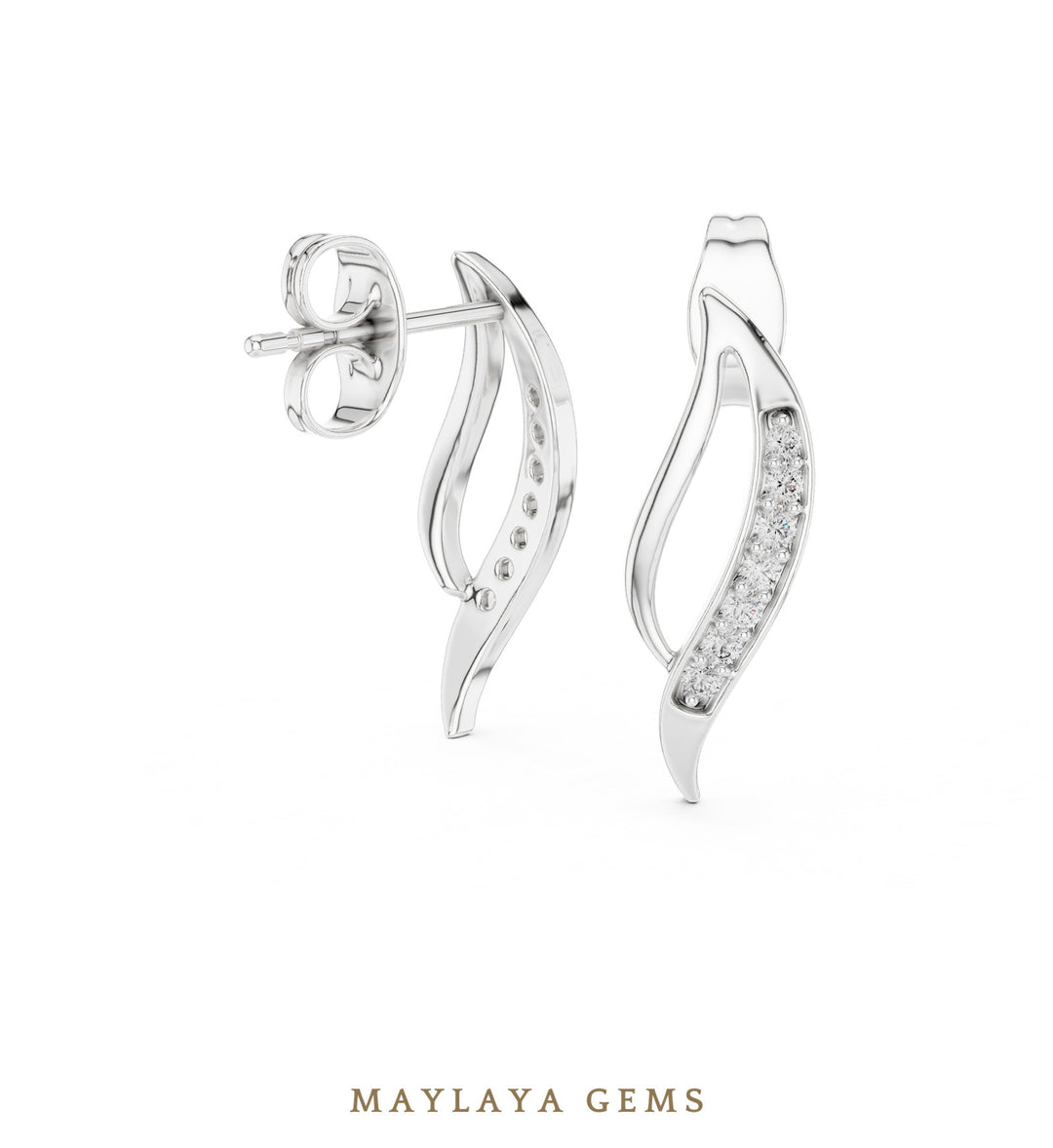 Maylaya Gems round curved leaf earrings in white gold