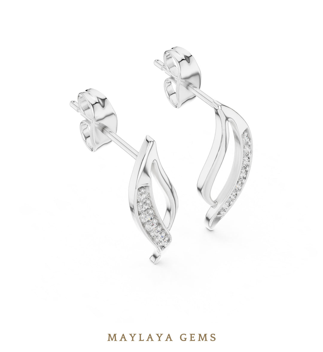 Maylaya Gems round curved leaf earrings in white gold