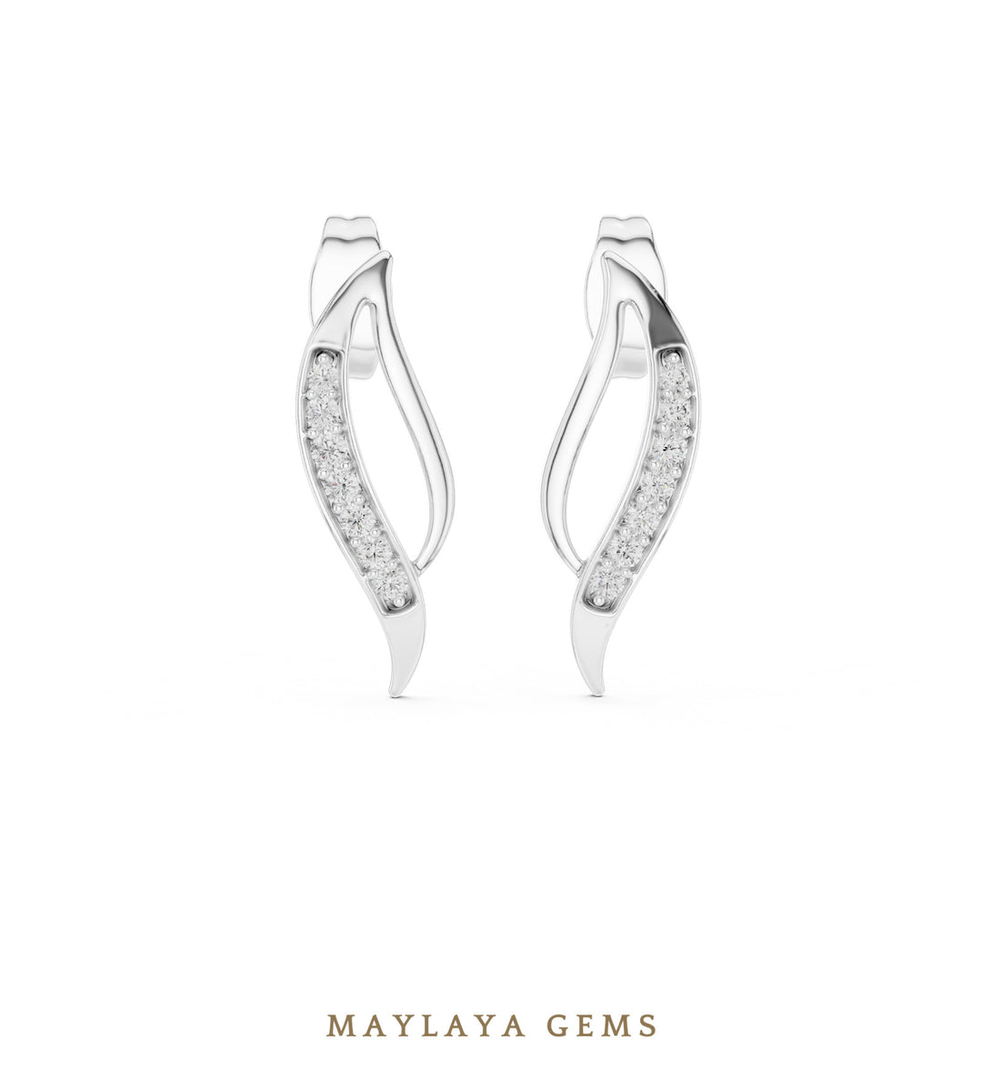 Maylaya Gems round curved leaf earrings in white gold