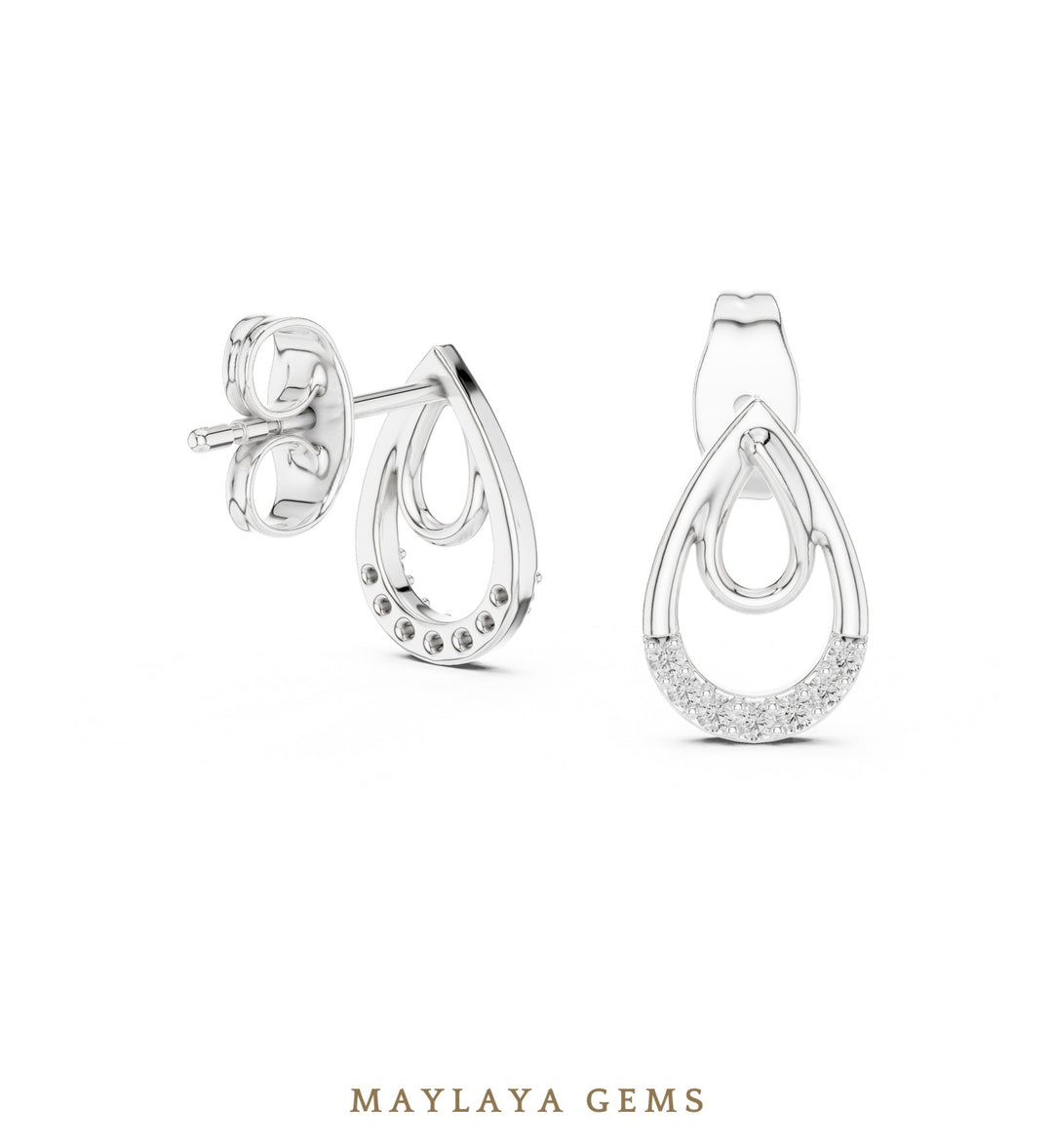 Maylaya Gems round double teardrop earrings in white gold