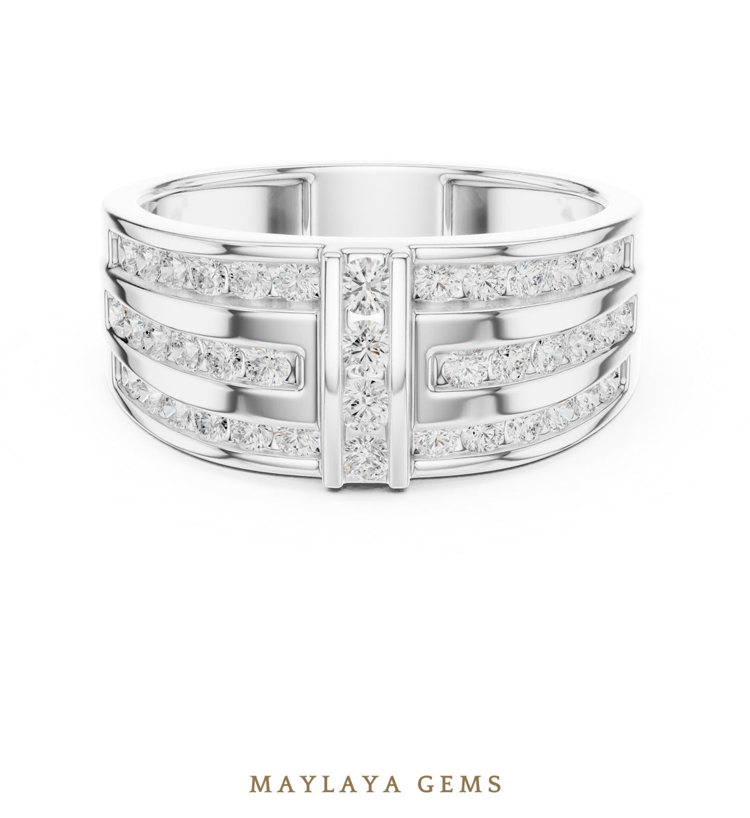 Maylaya Gems 0.748 ct Round Channel Bar Lab-Grown Diamond Men's Ring in white gold
