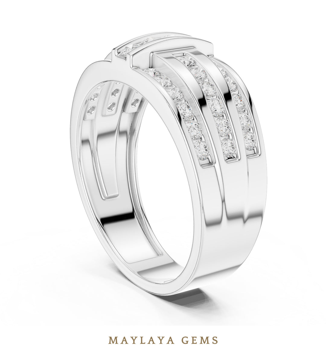 Maylaya Gems 0.748 ct Round Channel Bar Lab-Grown Diamond Men's Ring in white gold