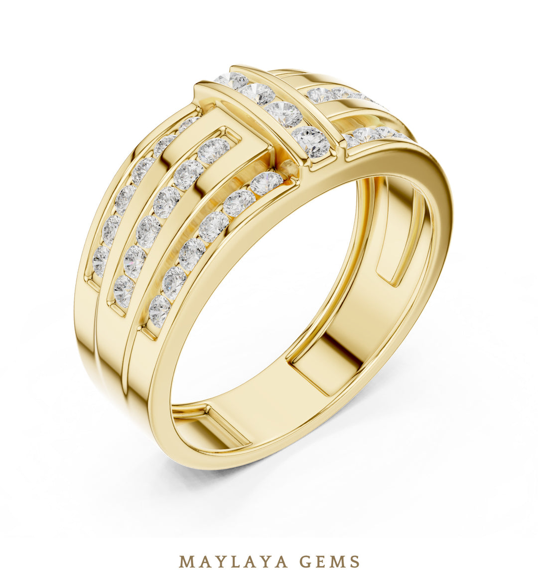 Maylaya Gems 0.748 ct Round Channel Bar Lab-Grown Diamond Men's Ring in yellow gold