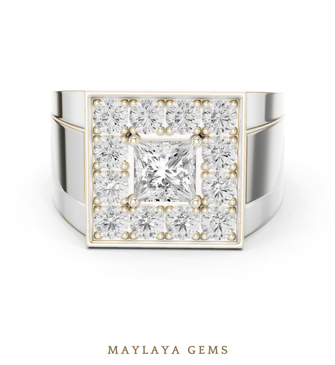 Maylaya Gems 2.320 ct Princess Halo Lab-Grown Diamond Men's Ring in white gold