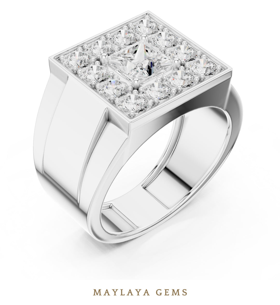 Maylaya Gems 2.320 ct Princess Halo Lab-Grown Diamond Men's Ring in white gold