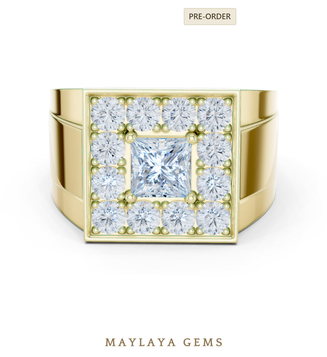 Maylaya Gems 2.320 ct Princess Halo Lab-Grown Diamond Men's Ring in yellow gold