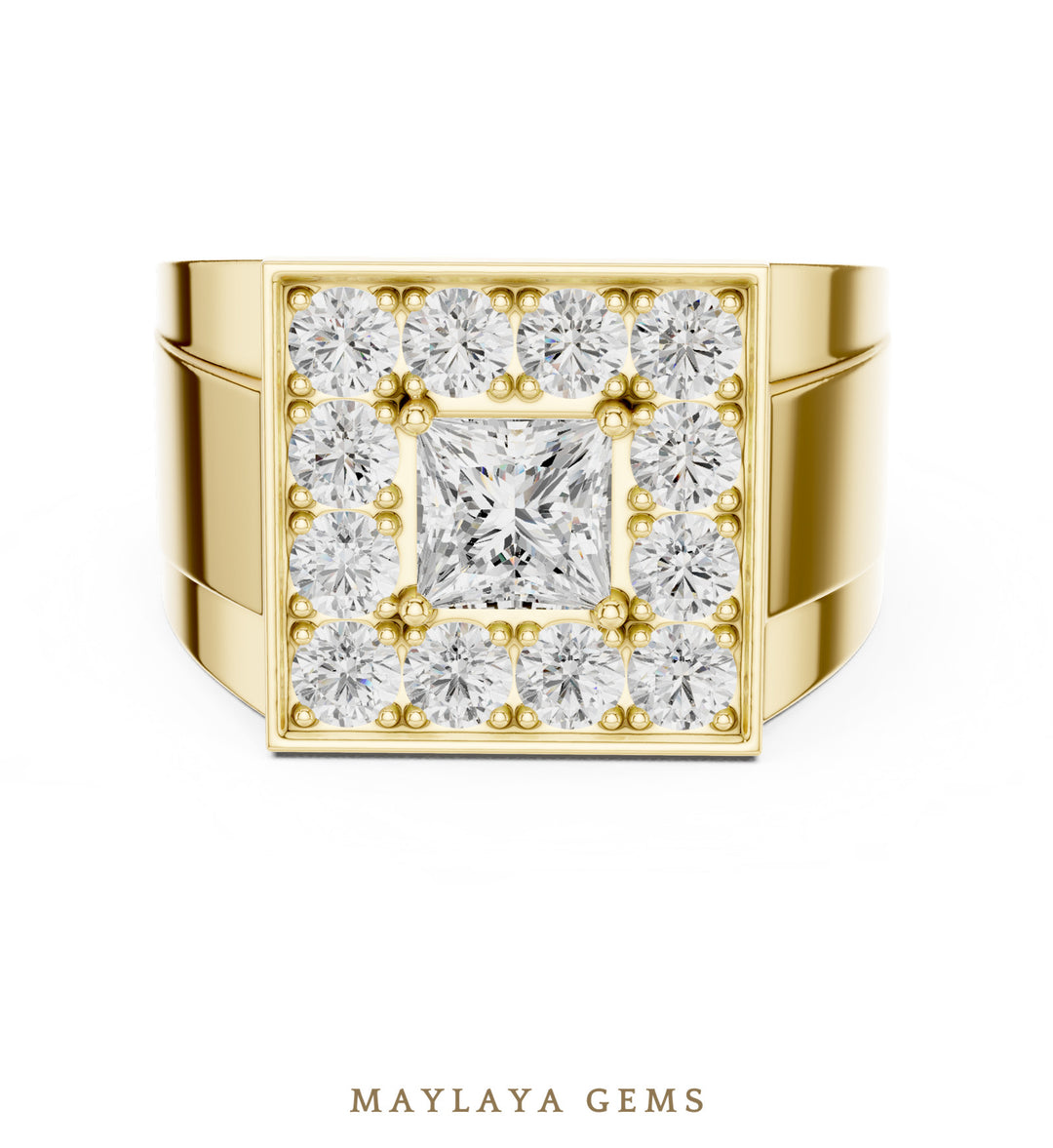 Maylaya Gems 2.320 ct Princess Halo Lab-Grown Diamond Men's Ring in yellow gold