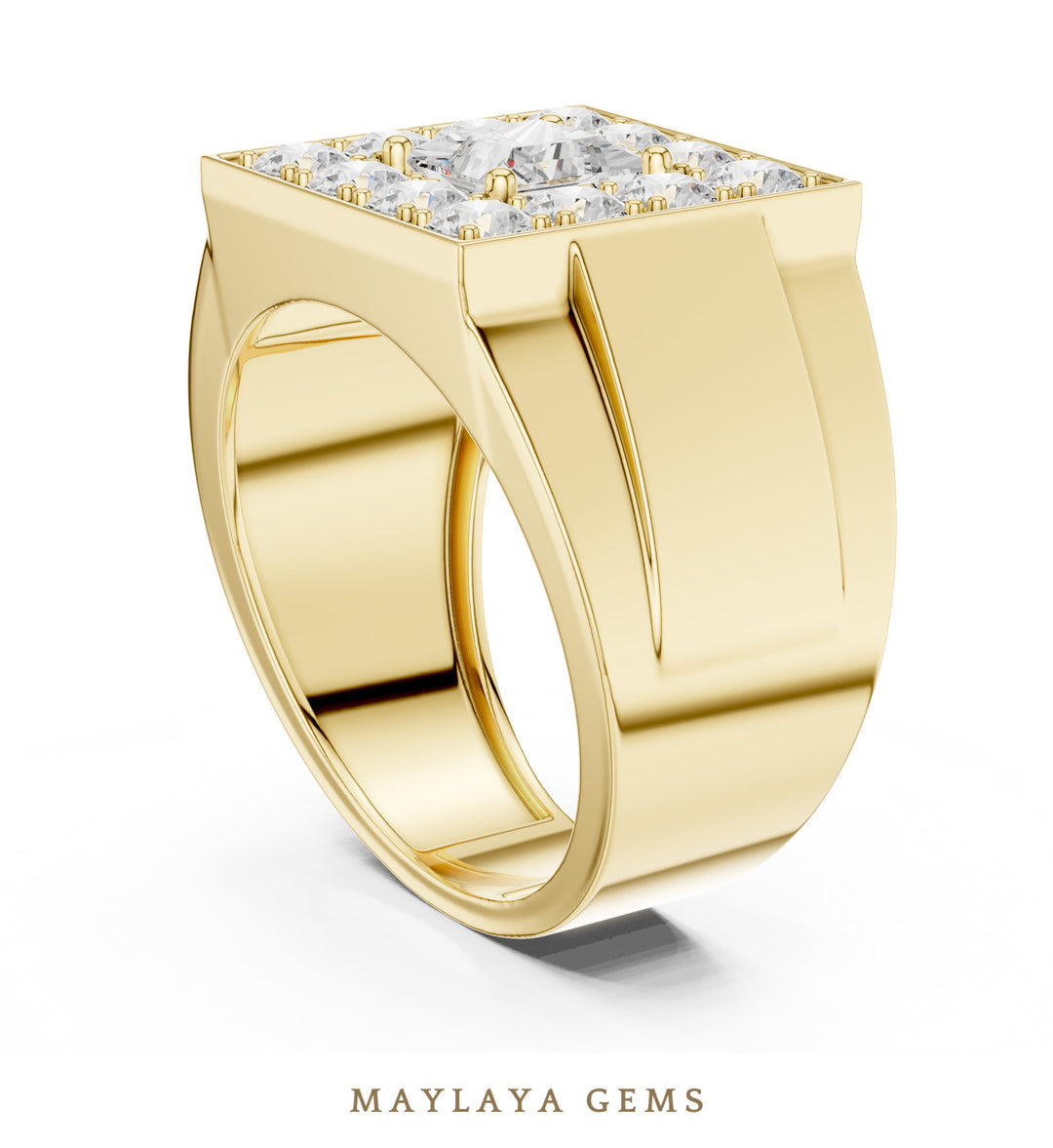 Maylaya Gems 2.320 ct Princess Halo Lab-Grown Diamond Men's Ring in yellow gold