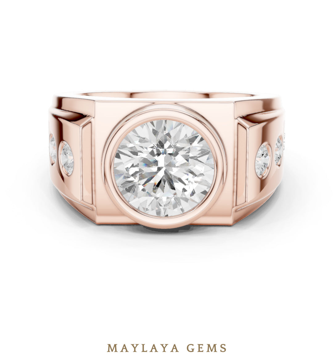 Maylaya Gems 3.660 ct Round Bezel Lab-Grown Diamond Men's Ring in rose gold