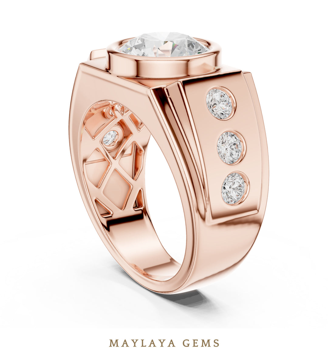 Maylaya Gems 3.660 ct Round Bezel Lab-Grown Diamond Men's Ring in rose gold