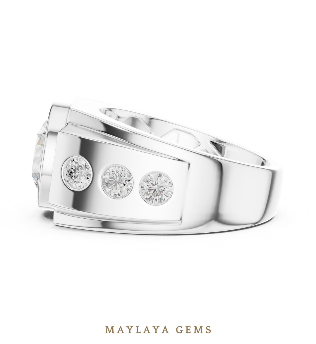 Maylaya Gems 3.660 ct Round Bezel Lab-Grown Diamond Men's Ring in white gold