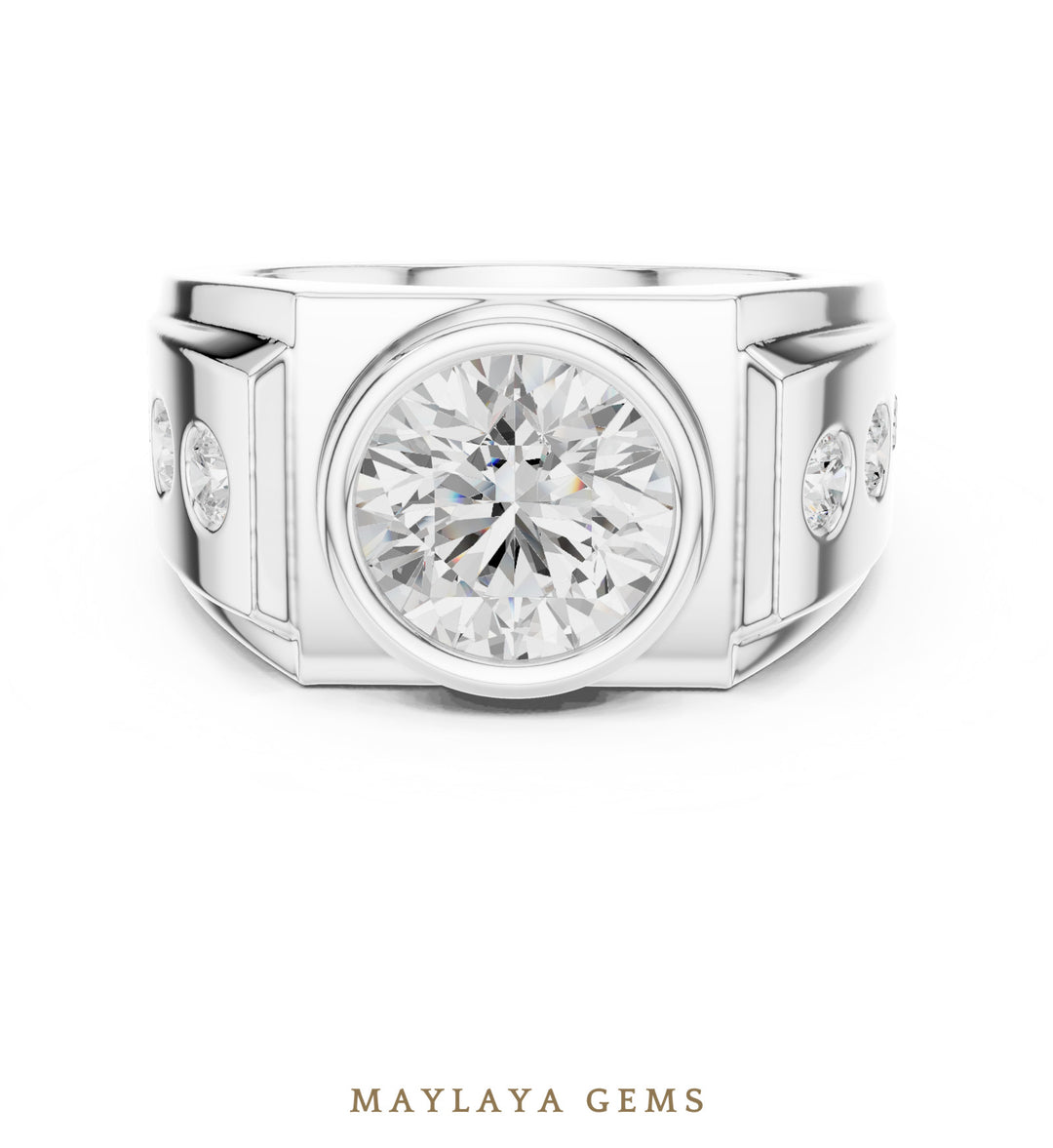 Maylaya Gems 3.660 ct Round Bezel Lab-Grown Diamond Men's Ring in white gold