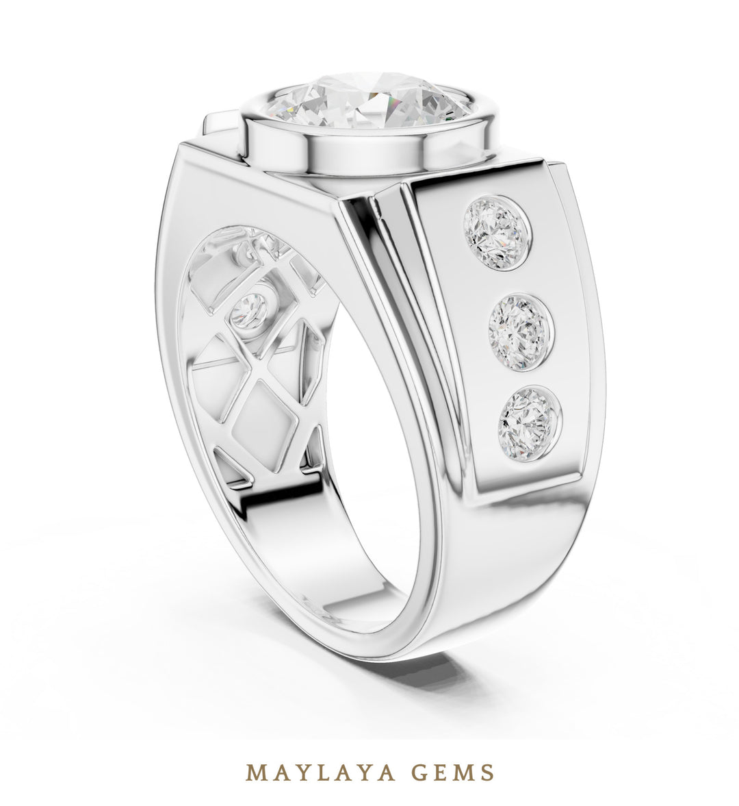 Maylaya Gems 3.660 ct Round Bezel Lab-Grown Diamond Men's Ring in white gold
