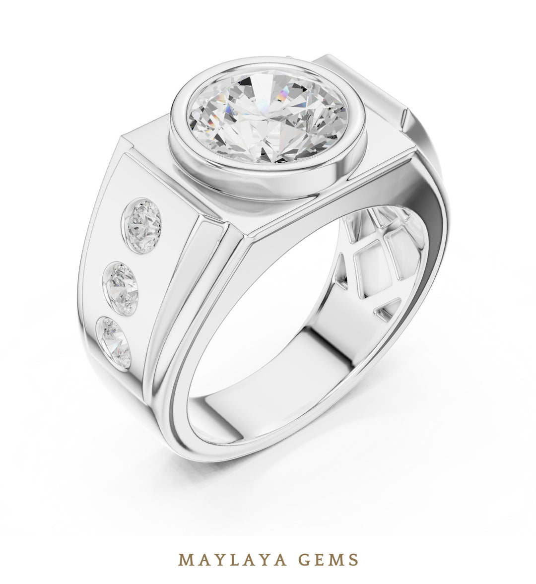 Maylaya Gems 3.660 ct Round Bezel Lab-Grown Diamond Men's Ring in white gold