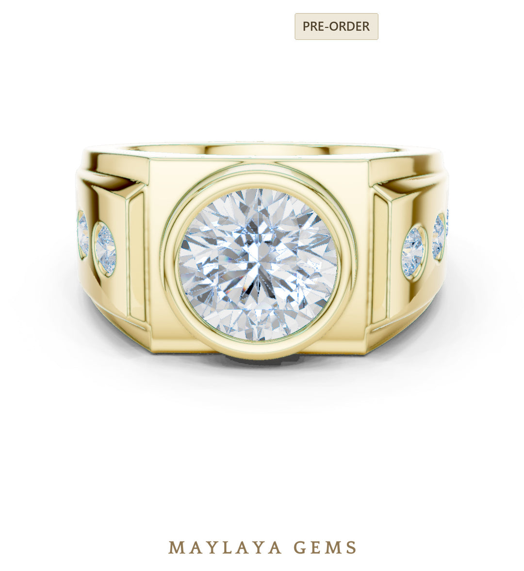 Maylaya Gems 3.660 ct Round Bezel Lab-Grown Diamond Men's Ring in yellow gold