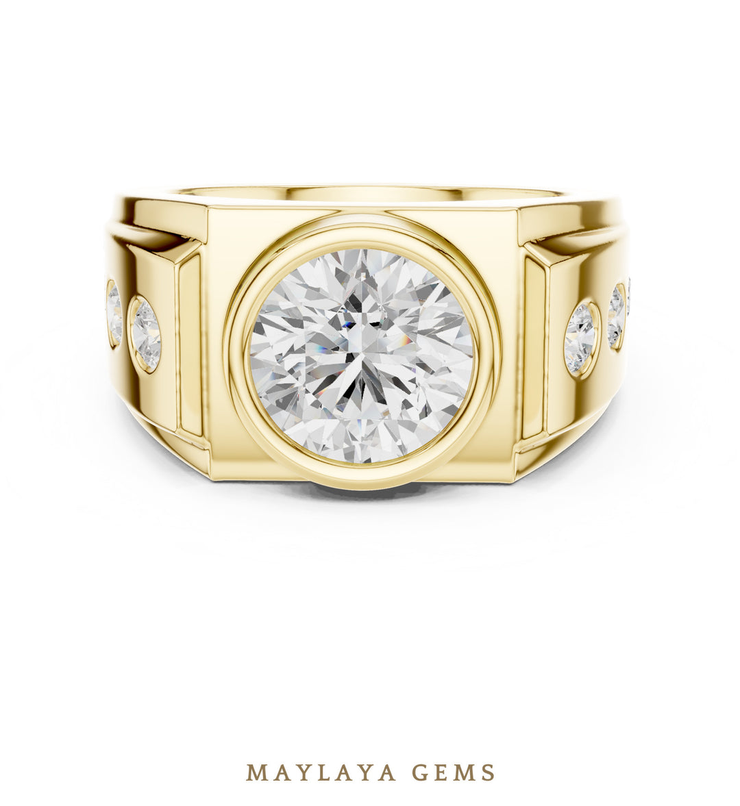 Maylaya Gems 3.660 ct Round Bezel Lab-Grown Diamond Men's Ring in yellow gold
