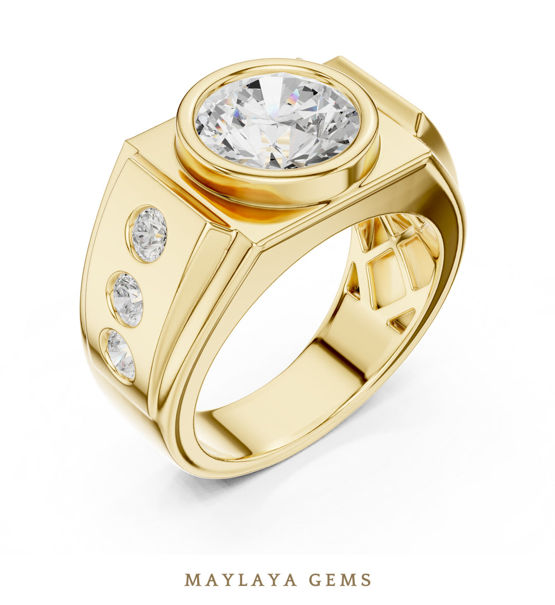 Maylaya Gems 3.660 ct Round Bezel Lab-Grown Diamond Men's Ring in yellow gold