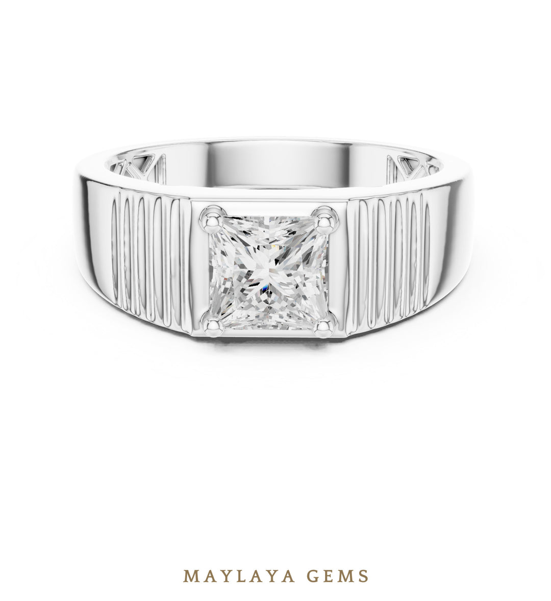 Maylaya Gems 0.780 ct Princess Fluted Lab-Grown Diamond Men's Ring in white gold