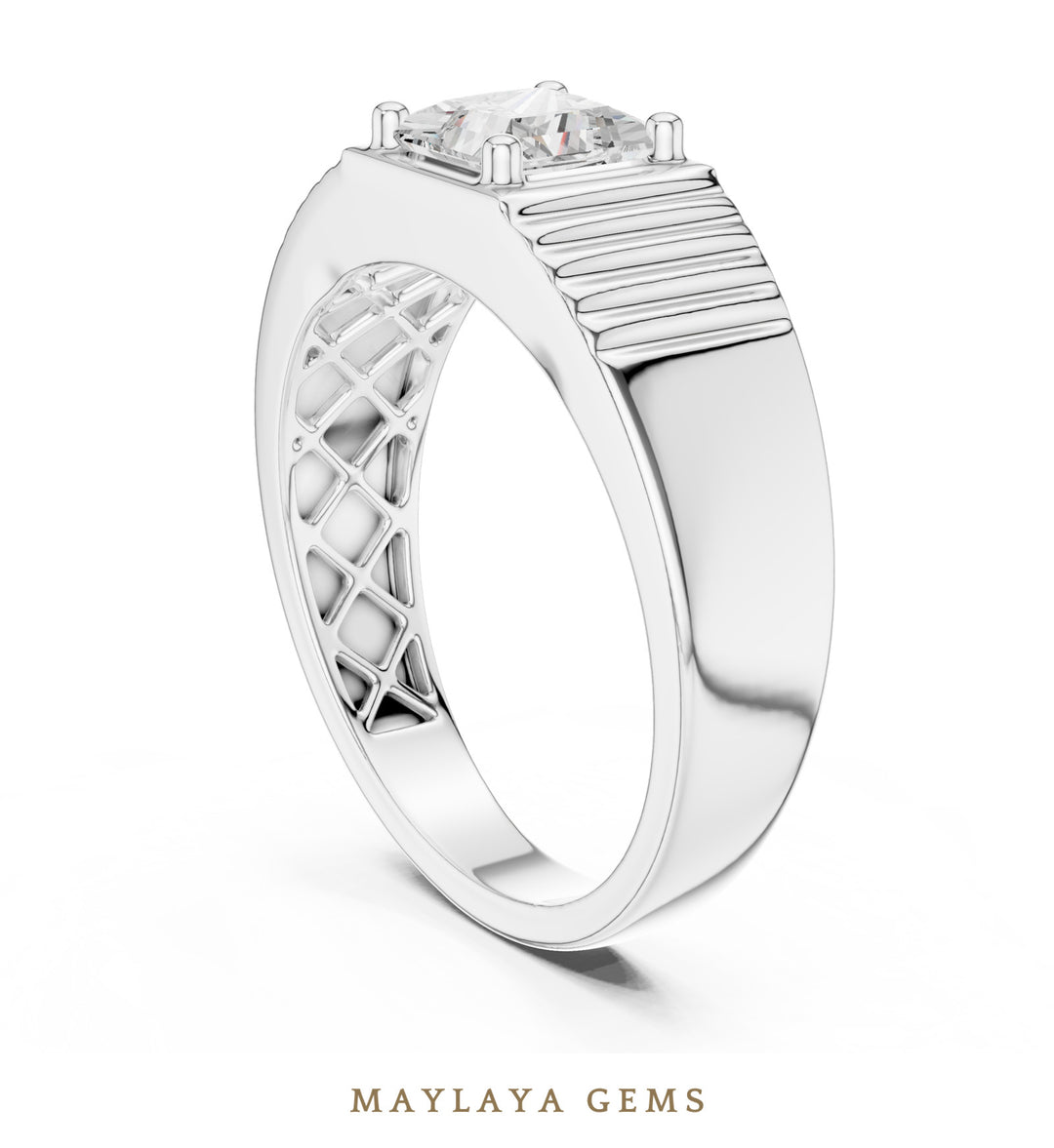 Maylaya Gems 0.780 ct Princess Fluted Lab-Grown Diamond Men's Ring in white gold