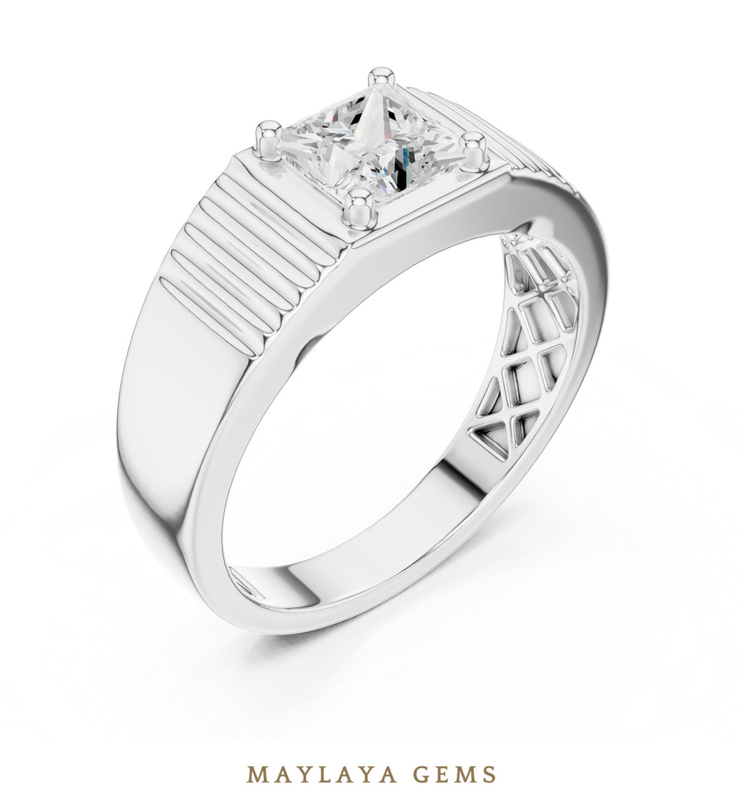 Maylaya Gems 0.780 ct Princess Fluted Lab-Grown Diamond Men's Ring in white gold