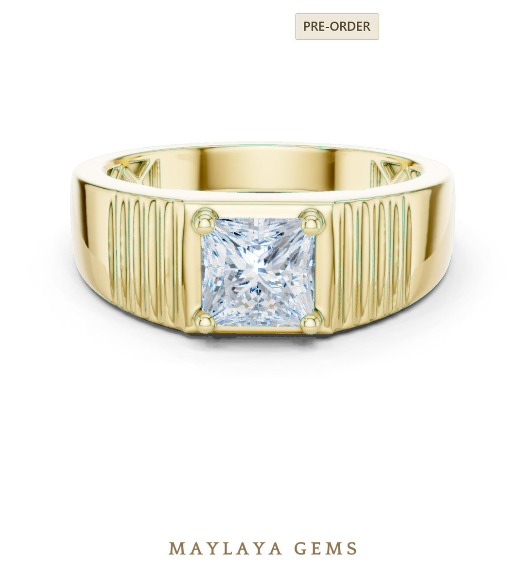 Maylaya Gems 0.780 ct Princess Fluted Lab-Grown Diamond Men's Ring in yellow gold