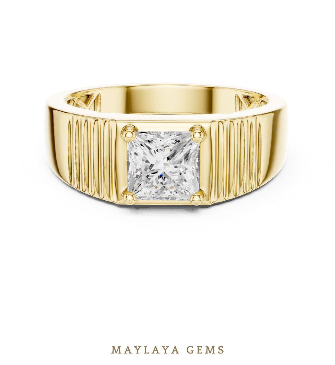 Maylaya Gems 0.780 ct Princess Fluted Lab-Grown Diamond Men's Ring in yellow gold