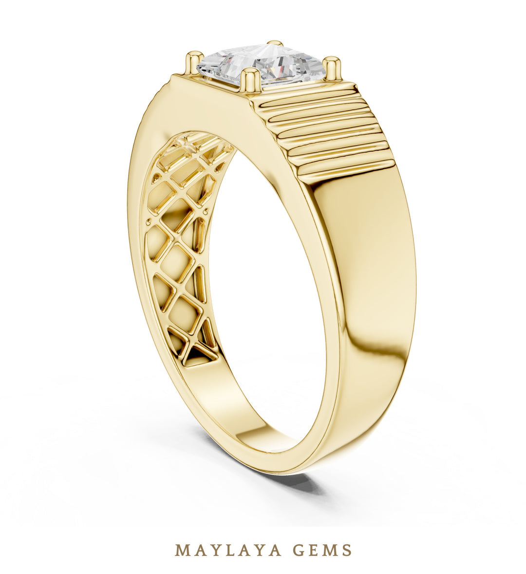 Maylaya Gems 0.780 ct Princess Fluted Lab-Grown Diamond Men's Ring in yellow gold