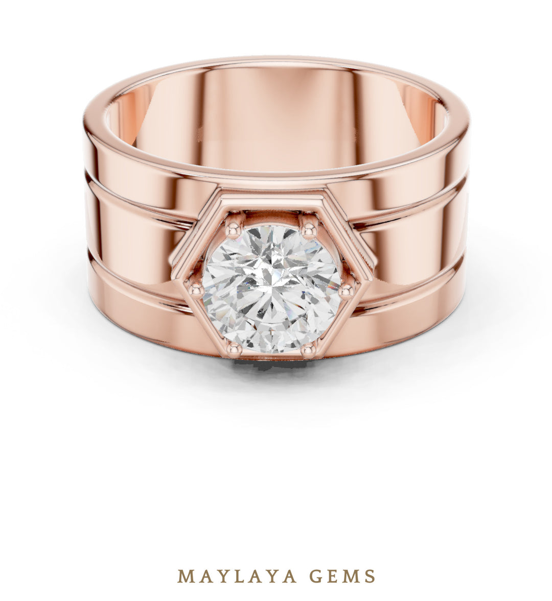 Maylaya Gems 1.420 ct Round Hexagon Frame Lab-Grown Diamond Men's Ring in rose gold