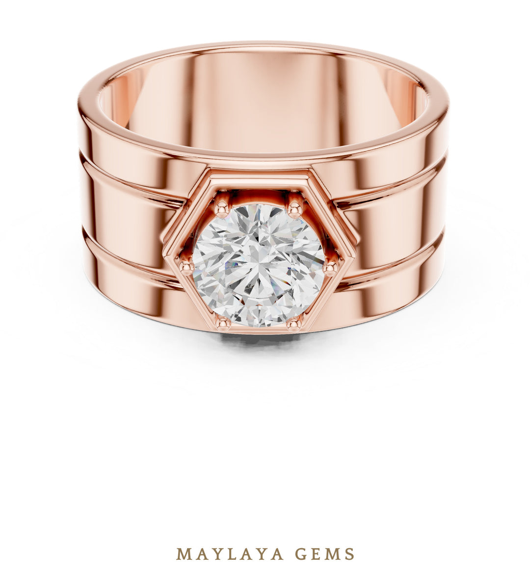 Maylaya Gems 1.420 ct Round Hexagon Frame Lab-Grown Diamond Men's Ring in rose gold