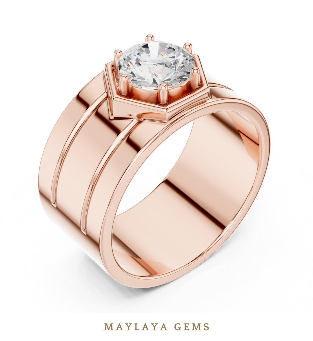 Maylaya Gems 1.420 ct Round Hexagon Frame Lab-Grown Diamond Men's Ring in rose gold