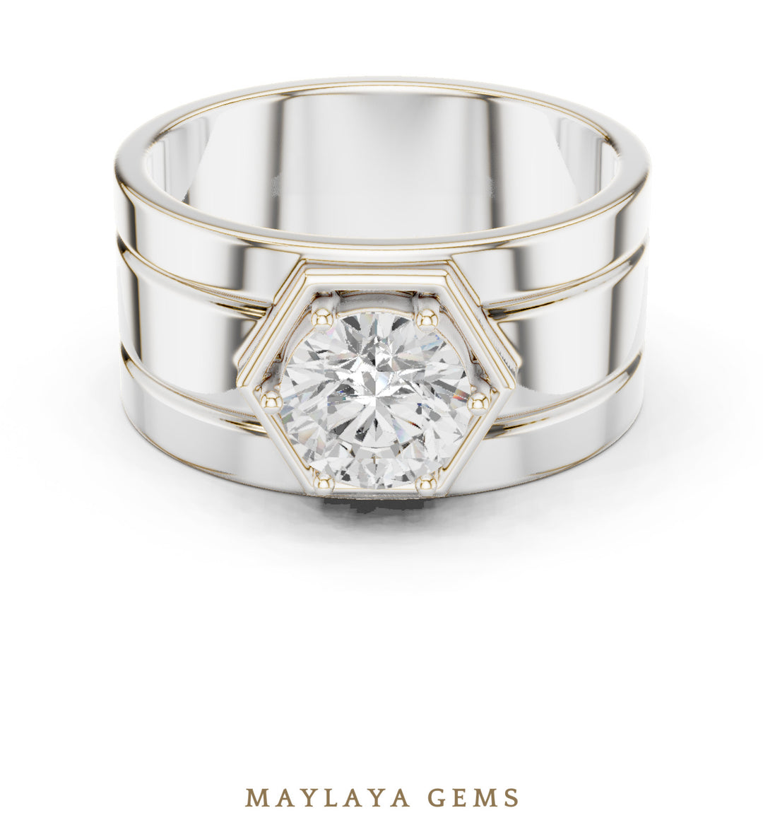 Maylaya Gems 1.420 ct Round Hexagon Frame Lab-Grown Diamond Men's Ring in white gold