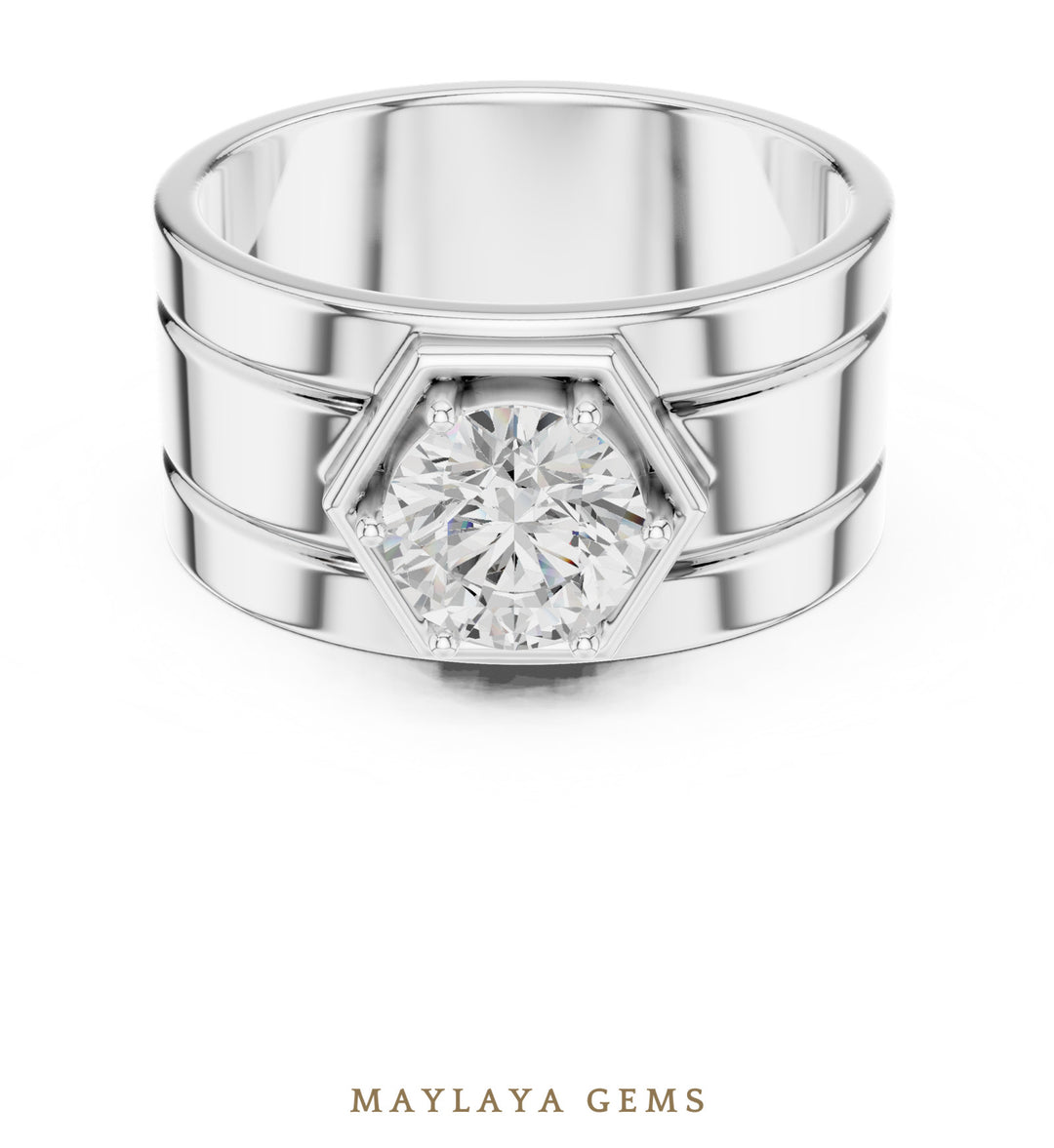 Maylaya Gems 1.420 ct Round Hexagon Frame Lab-Grown Diamond Men's Ring in white gold