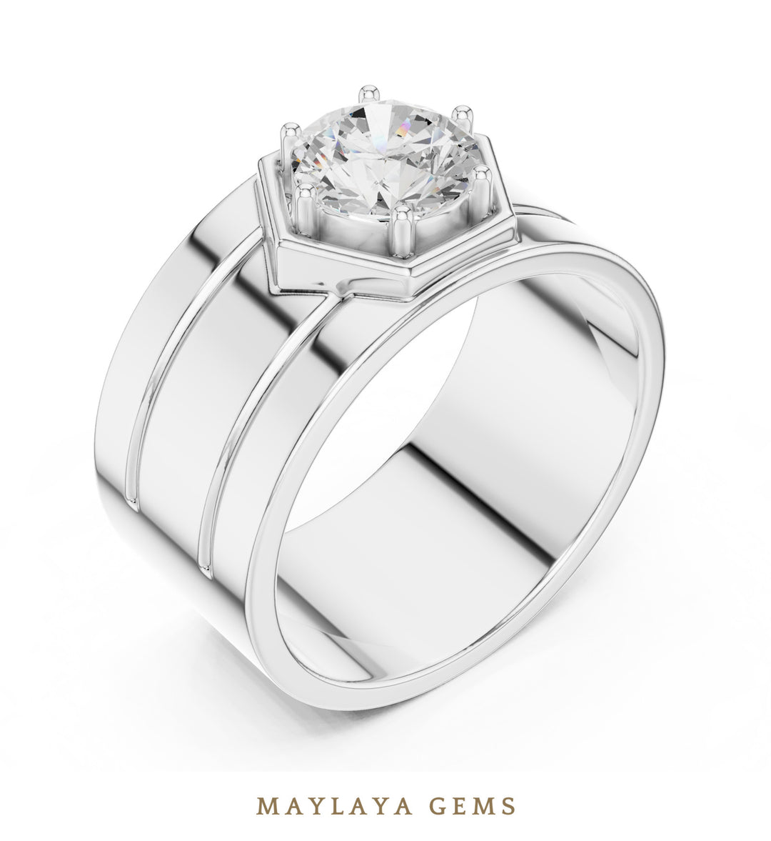 Maylaya Gems 1.420 ct Round Hexagon Frame Lab-Grown Diamond Men's Ring in white gold