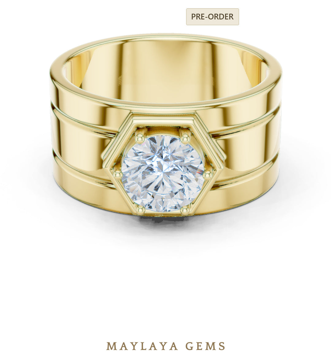 Maylaya Gems 1.420 ct Round Hexagon Frame Lab-Grown Diamond Men's Ring in yellow gold