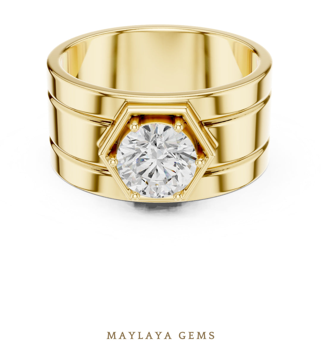 Maylaya Gems 1.420 ct Round Hexagon Frame Lab-Grown Diamond Men's Ring in yellow gold
