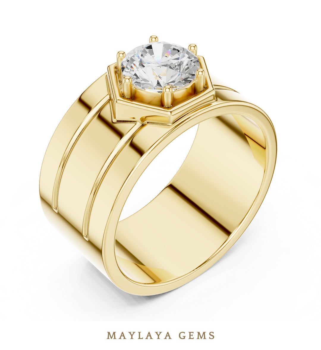 Maylaya Gems 1.420 ct Round Hexagon Frame Lab-Grown Diamond Men's Ring in yellow gold