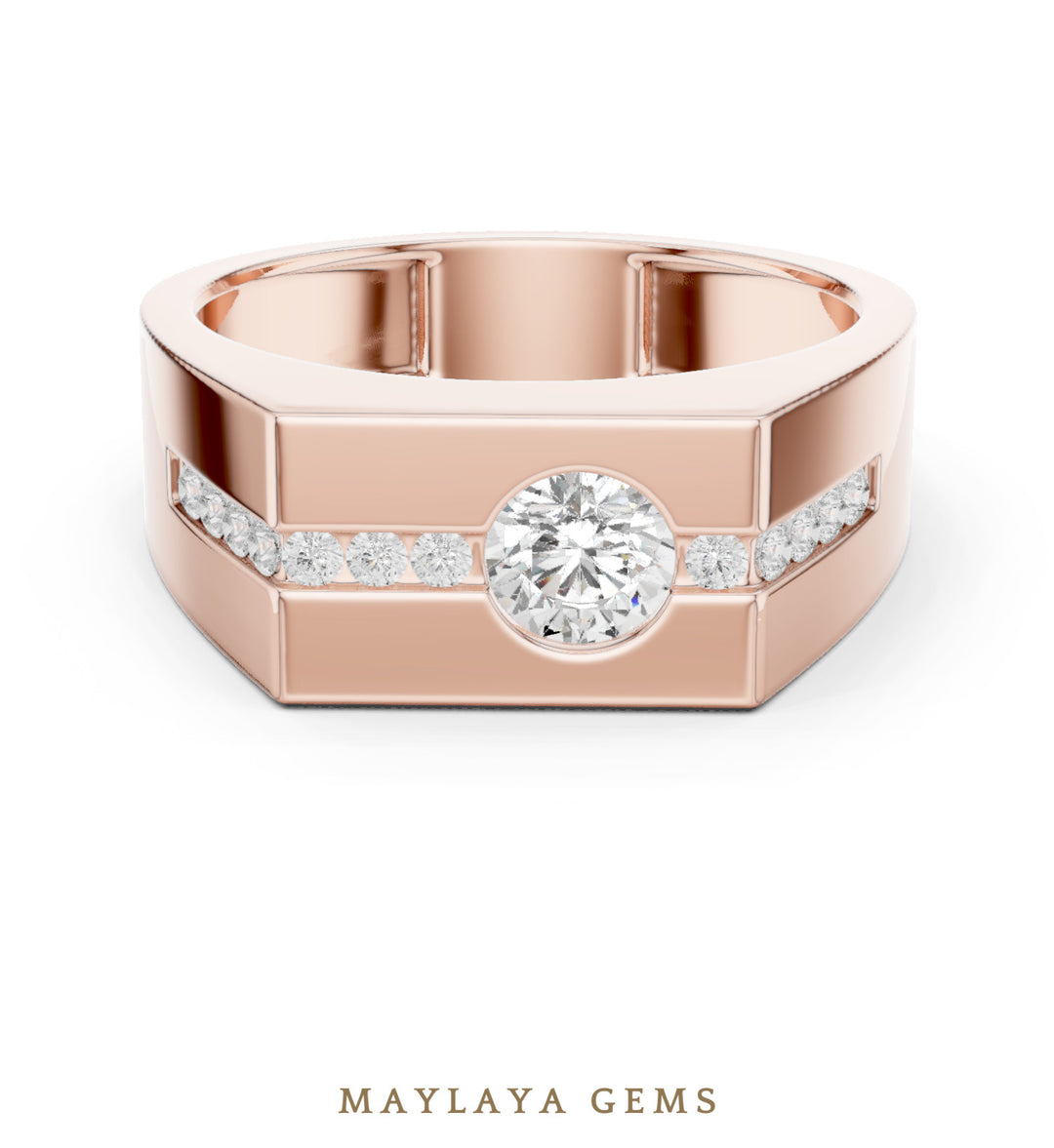 Maylaya Gems 0.680 ct Round Channel Accent Lab-Grown Diamond Men's Ring in rose gold