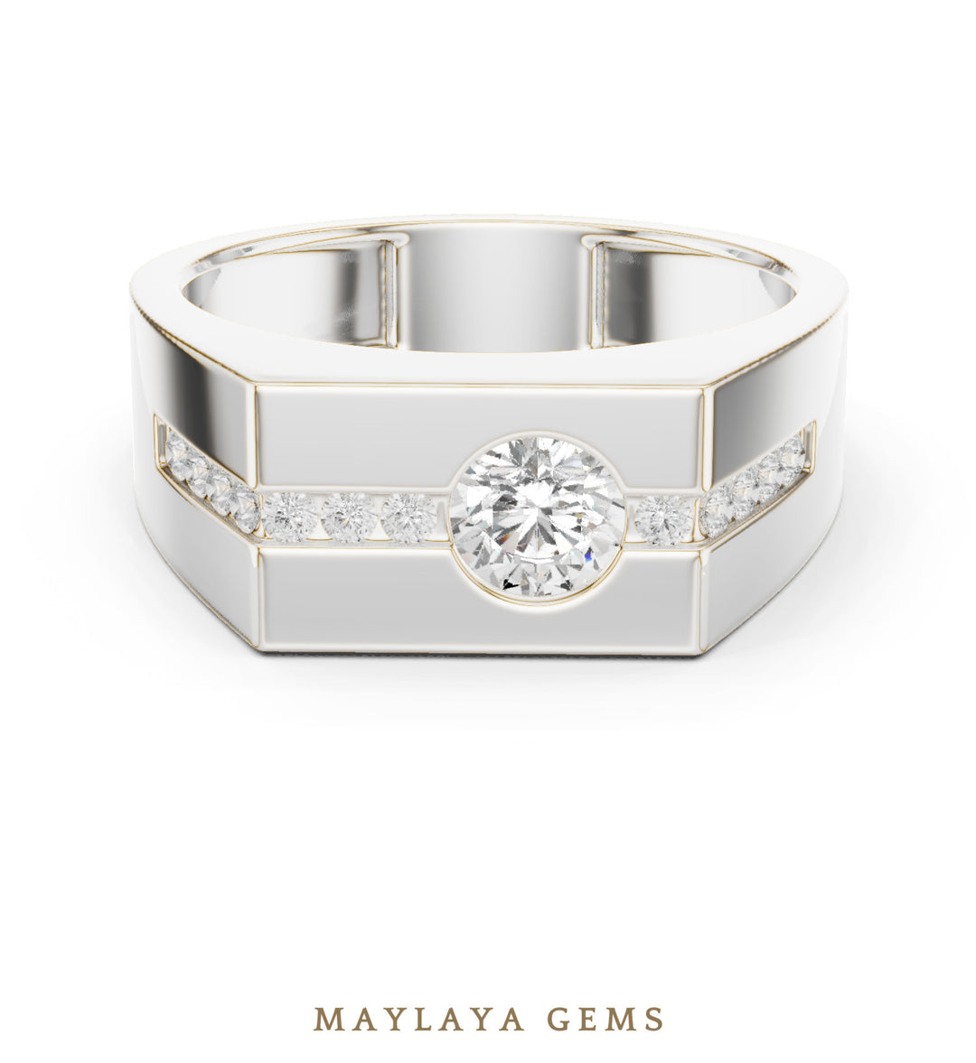 Maylaya Gems 0.680 ct Round Channel Accent Lab-Grown Diamond Men's Ring in white gold