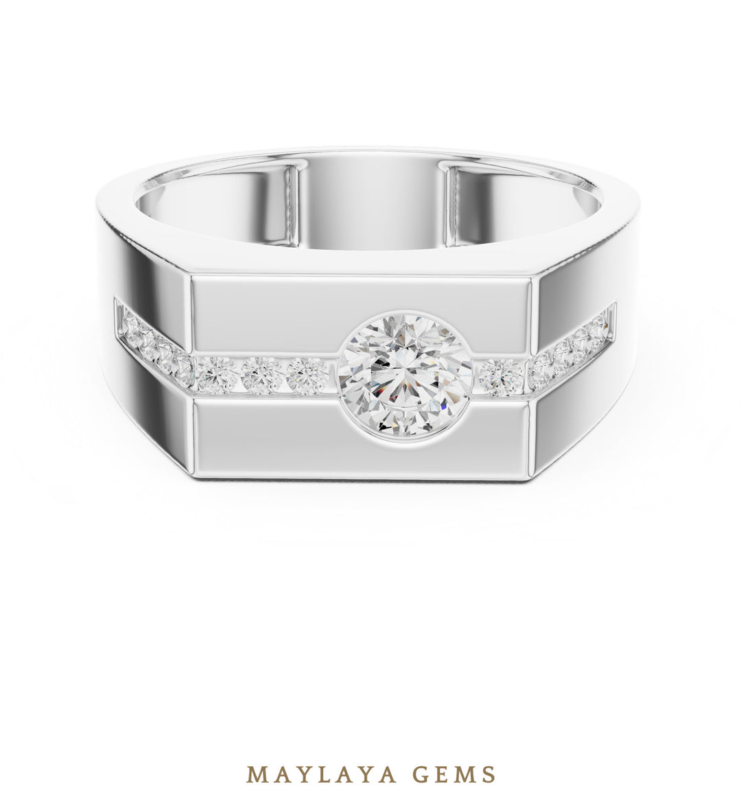 Maylaya Gems 0.680 ct Round Channel Accent Lab-Grown Diamond Men's Ring in white gold