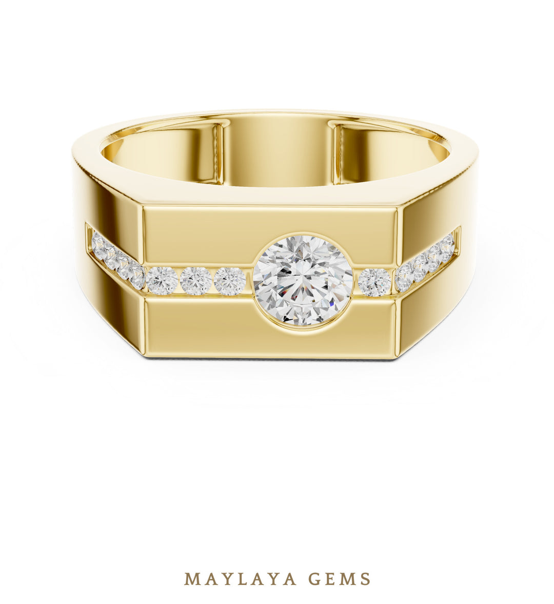 Maylaya Gems 0.680 ct Round Channel Accent Lab-Grown Diamond Men's Ring in yellow gold